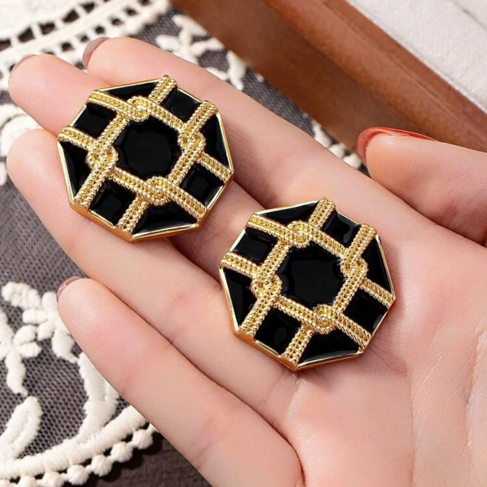 Modern Octagonal Black Enamel Earrings | Gold-Tone Geometric Statement